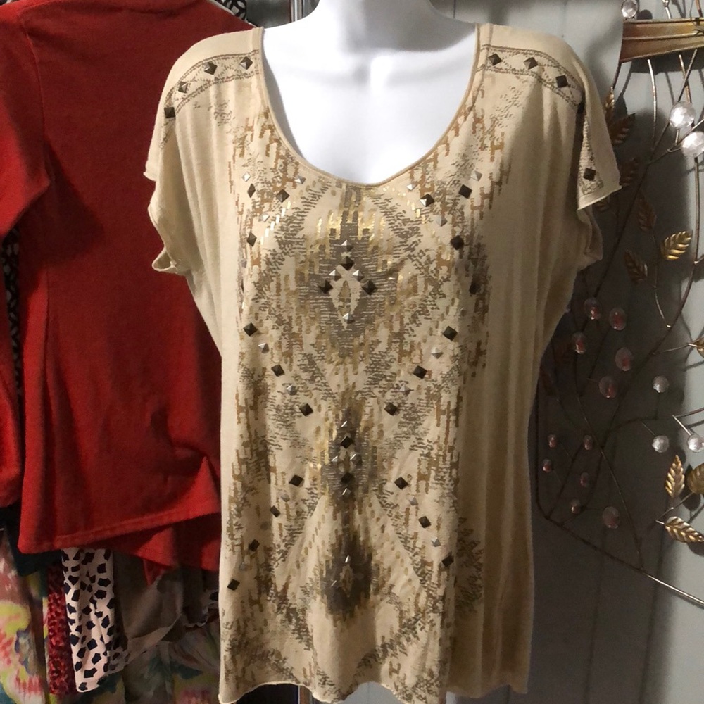 Miss Me Cream Short Sleeve Embellished Scoop Neck Tee